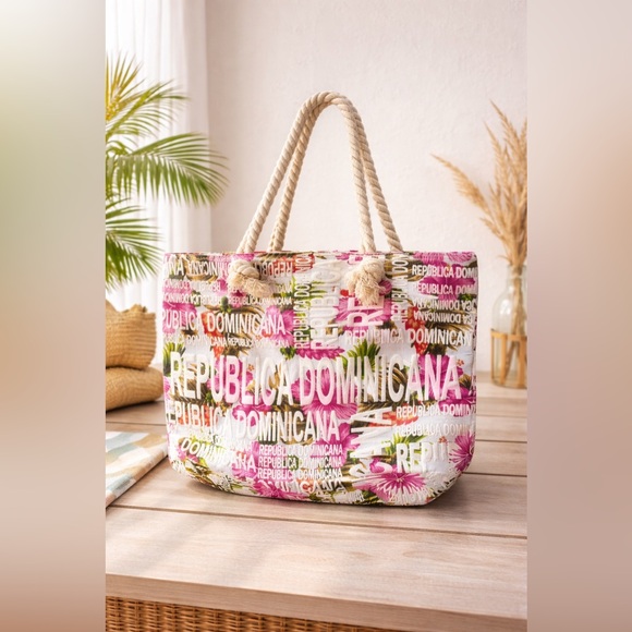 Handbags - Large Republica Dominicana BeachTote Bag Tropical Floral Print with Rope Handles